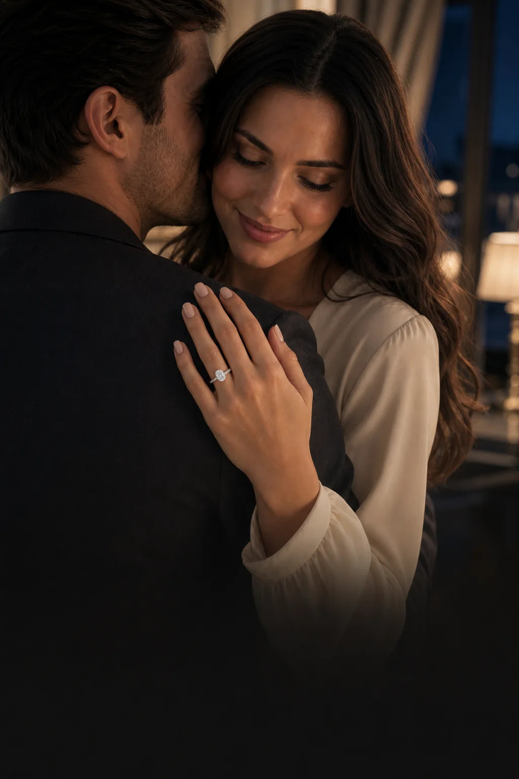 A couple sharing a proposal moment with an Amour Diamant engagement ring