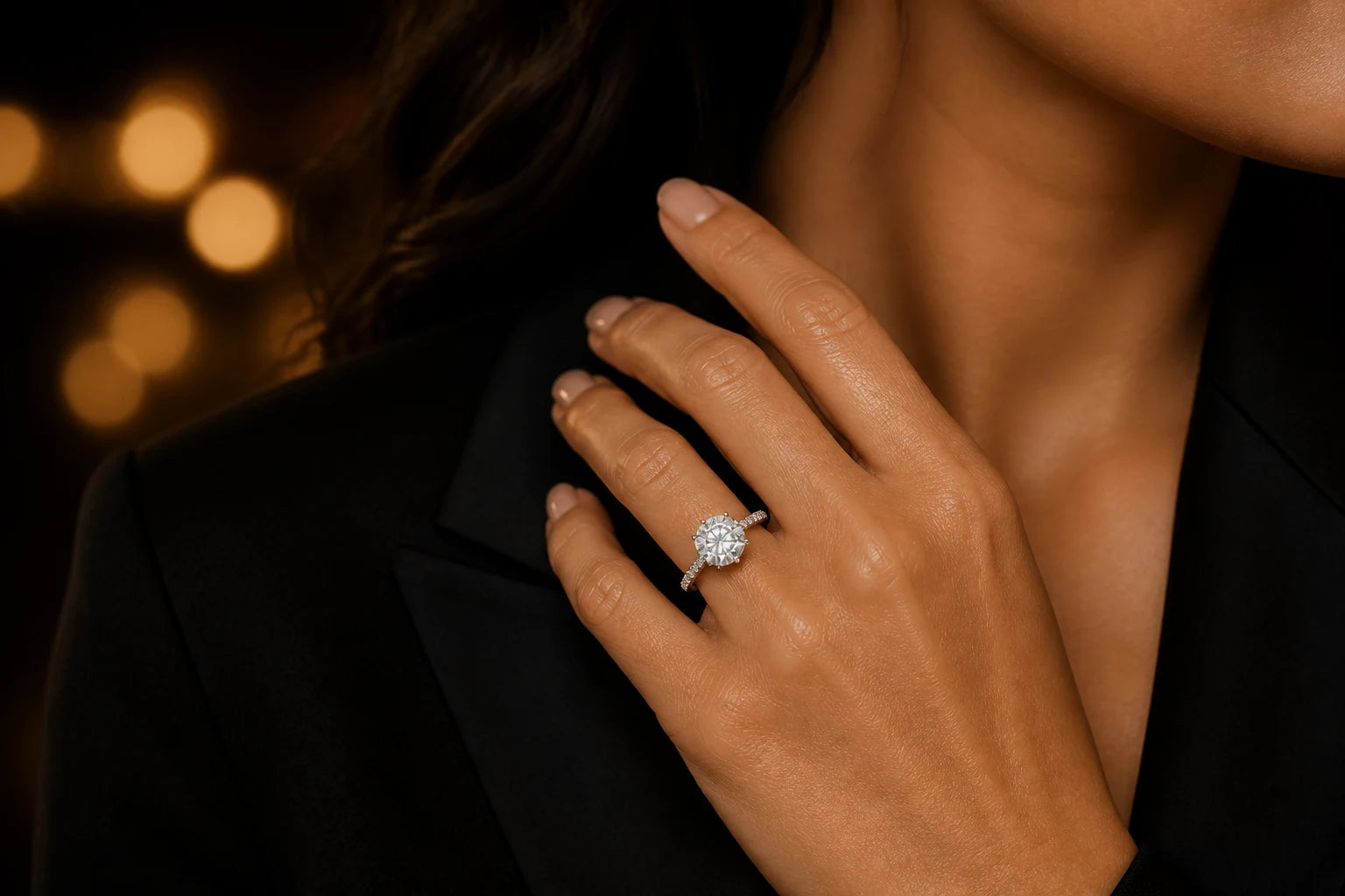 Woman wearing a brilliant moissanite engagement ring