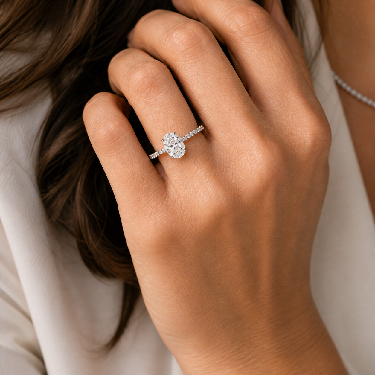 One carat Ovale ring shown on hand