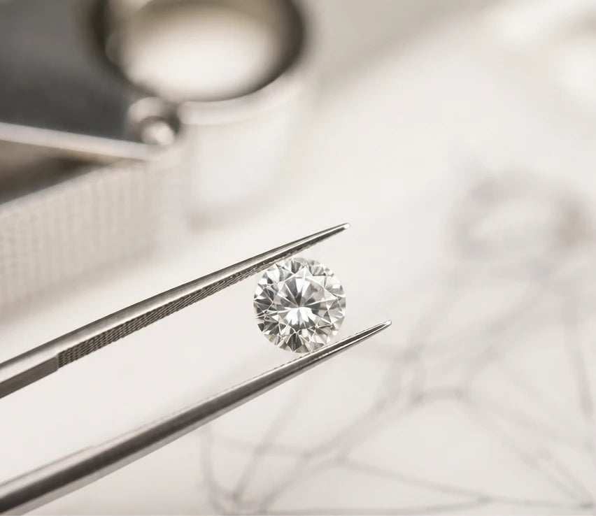 A lab-grown diamond held in jeweller's tweezers