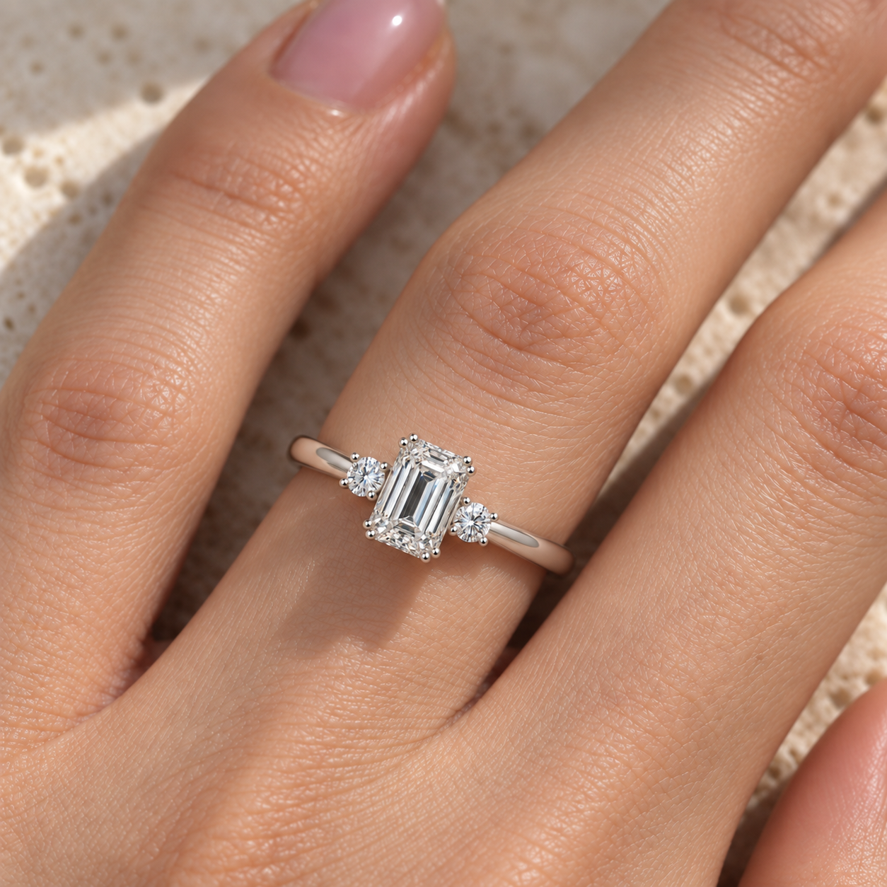 One-carat Ailes Émeraude ring shown on a size-6 hand.