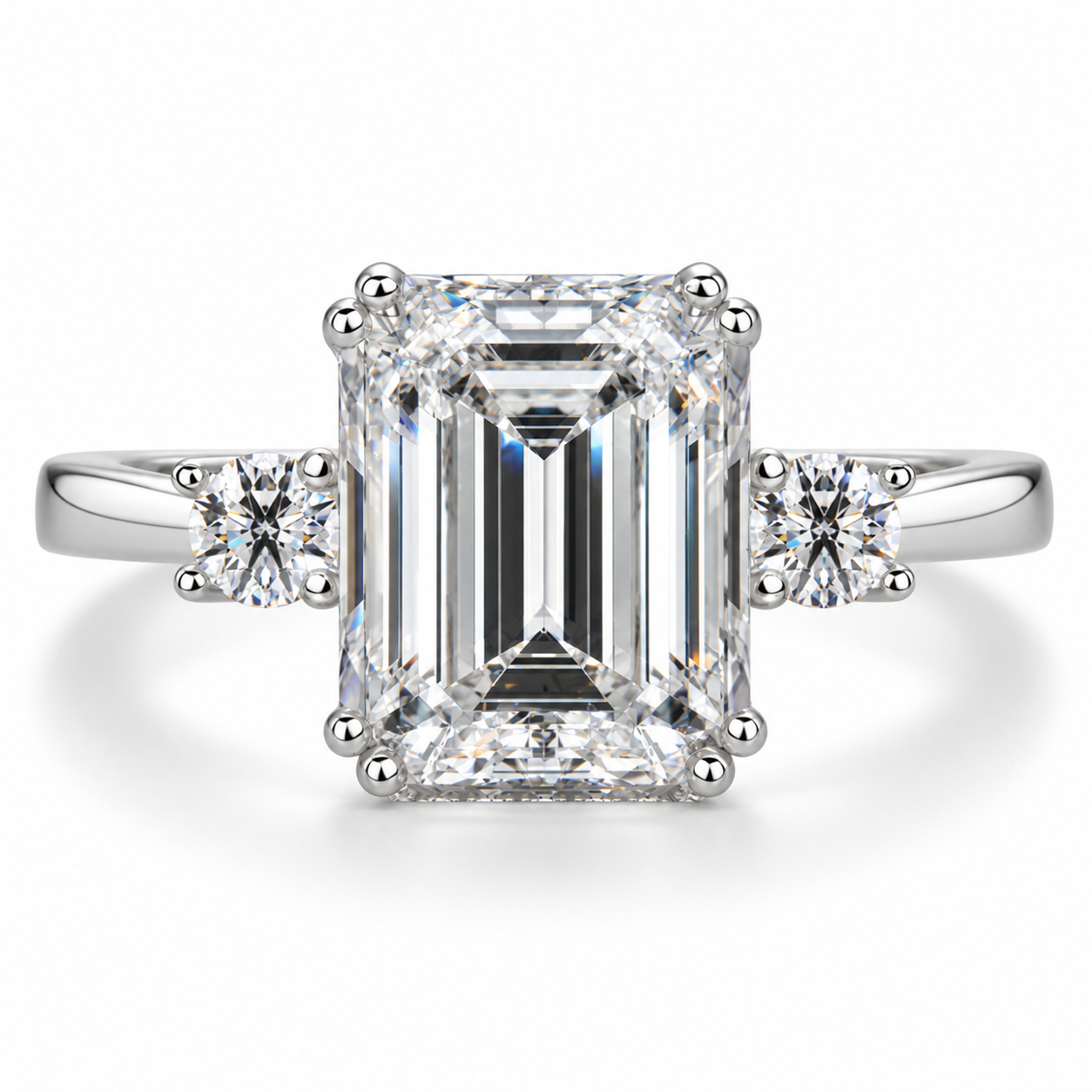 Front view of Ailes Émeraude with an emerald-cut centre, paired corner prongs and two round side stones.