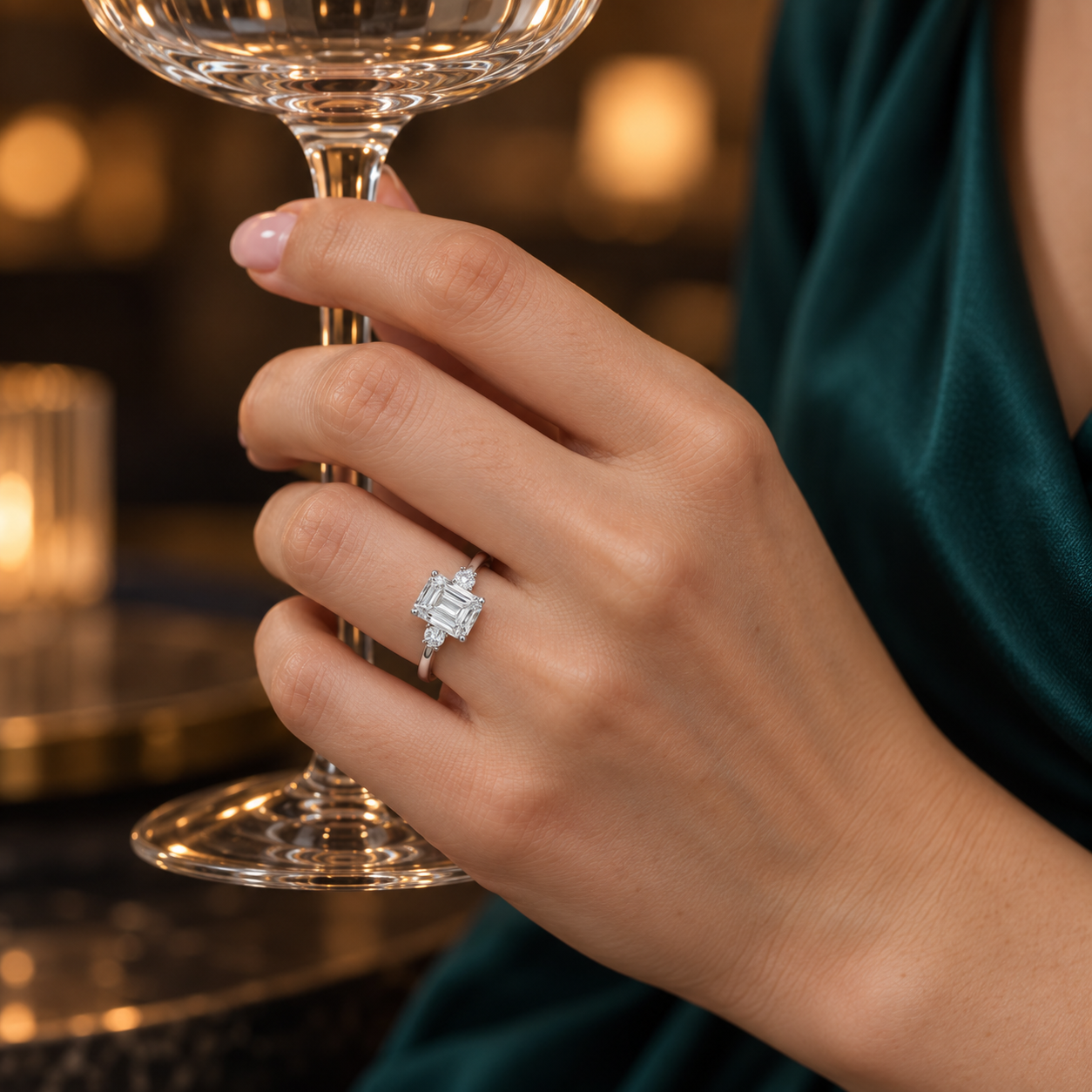 Ailes Émeraude worn with a deep-teal evening outfit while holding a coupe glass.