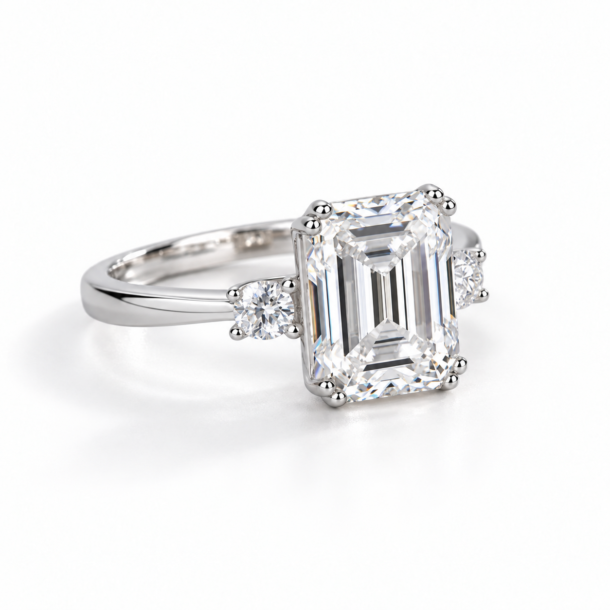 Low three-quarter view of Ailes Émeraude showing the emerald-cut centre and polished band.