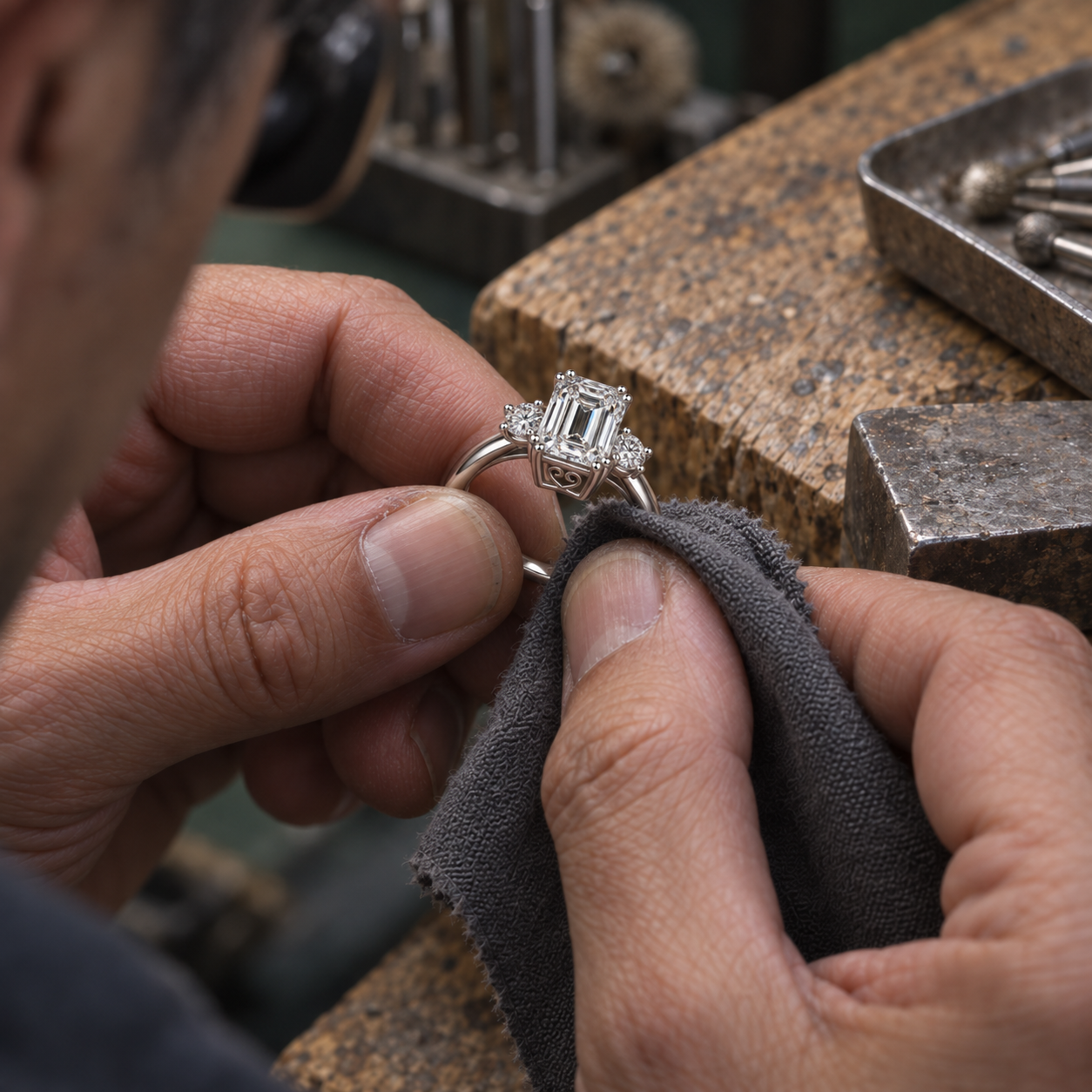 A jeweller polishing the Ailes Émeraude setting at the workbench.