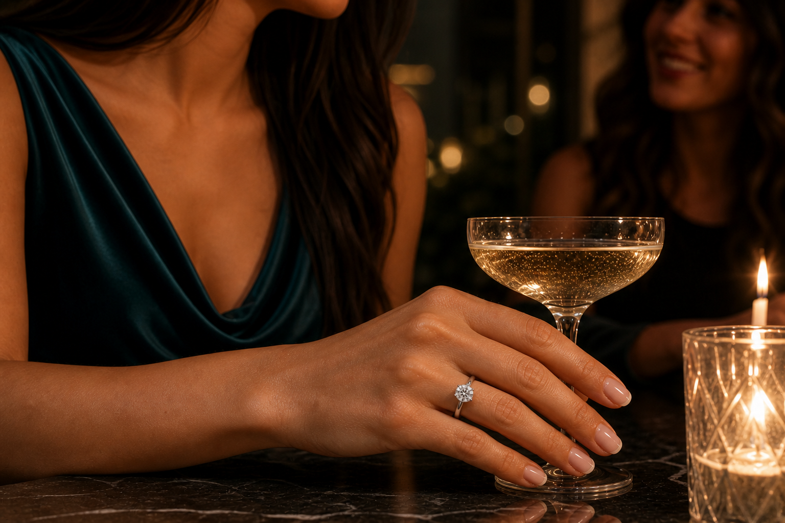 Runder Amóur Diamant Solitärring bei einem Abend mit einer Freundin