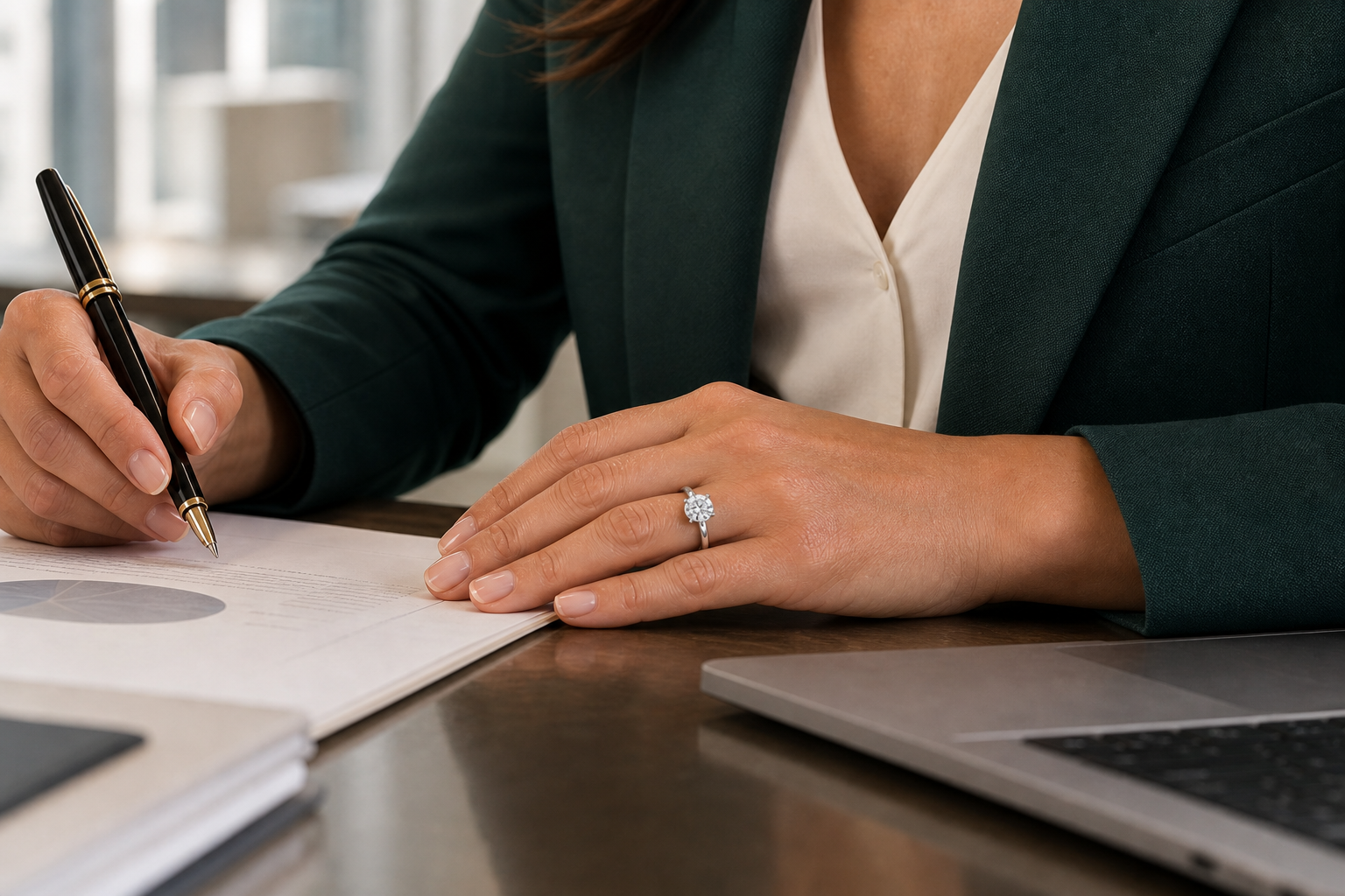 Runder Amóur Diamant Solitärring an einem konzentrierten Arbeitstag