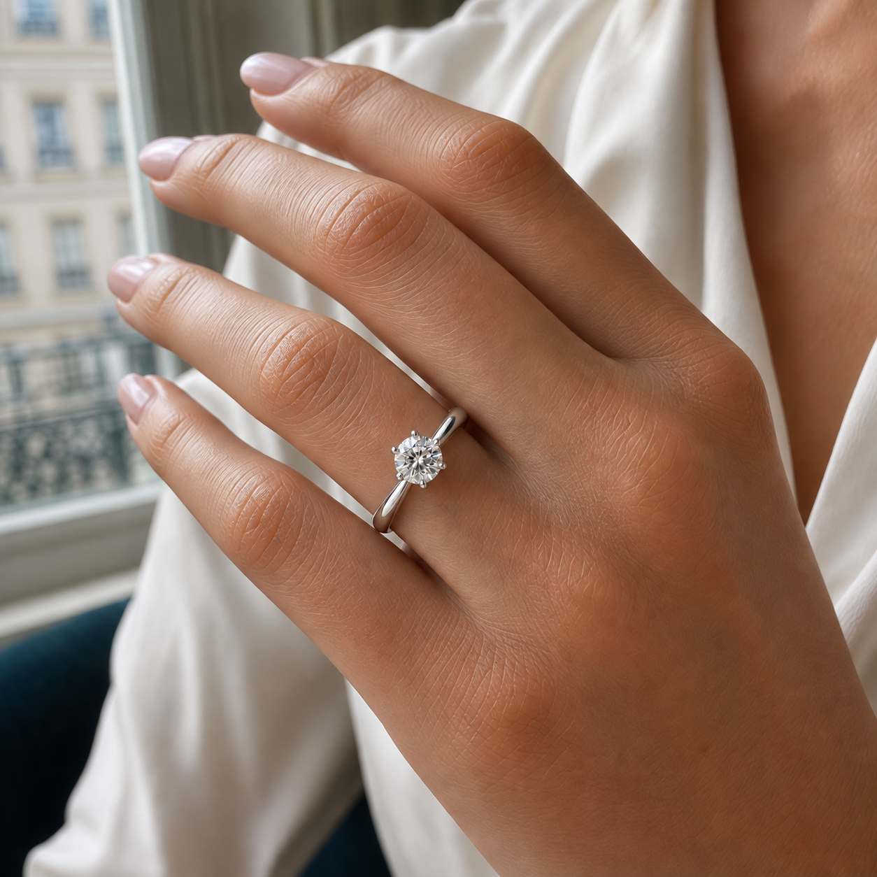 One carat Amóur Diamant ring shown on hand