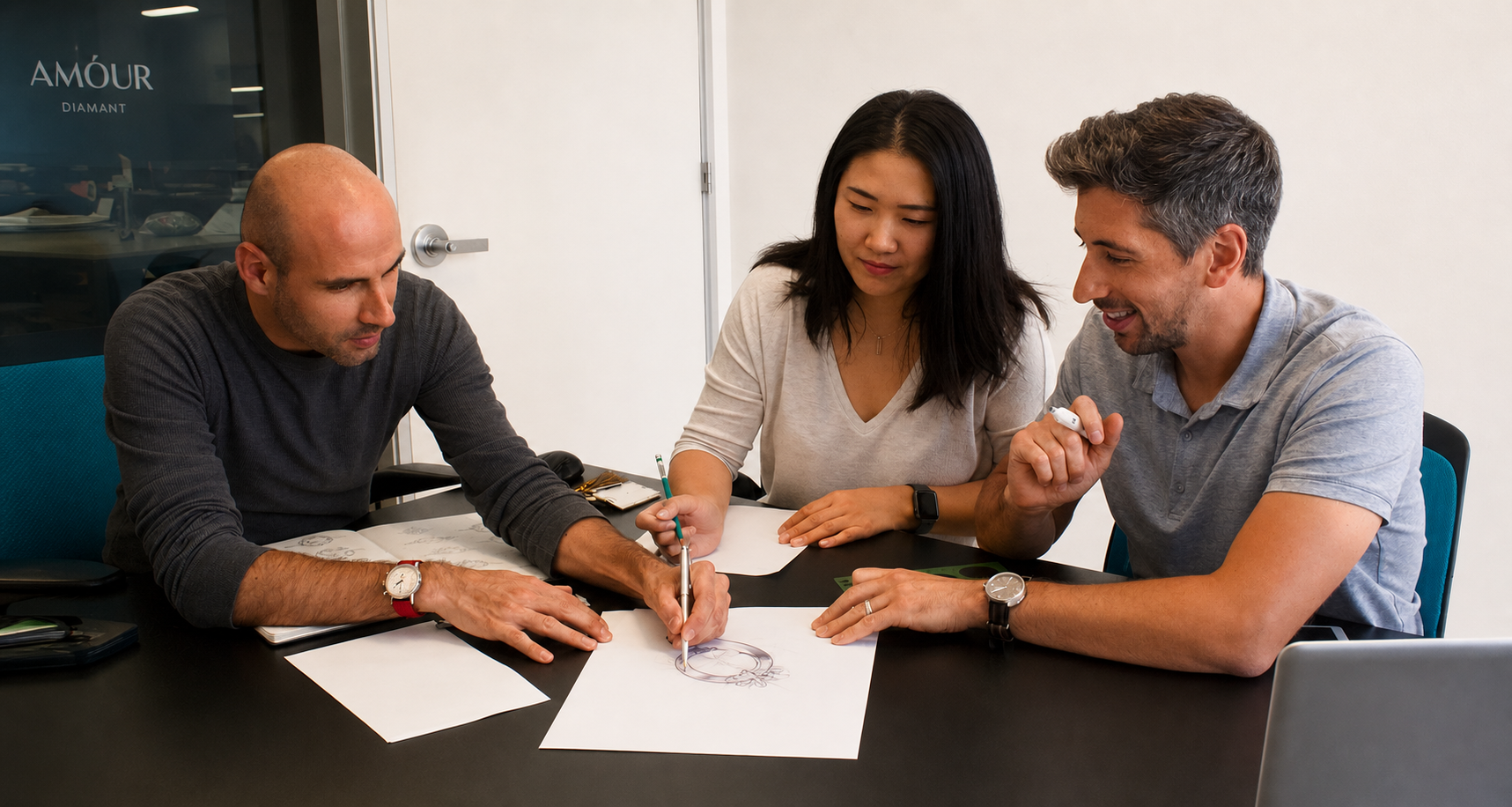Drie teamleden van Amour Diamant werken samen aan een juweelontwerp.
