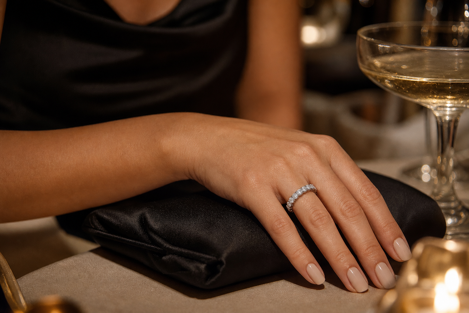 Anillo Éternité de vuelta completa con diamantes de laboratorio, llevado con un bolso de noche negro junto a una copa de champán