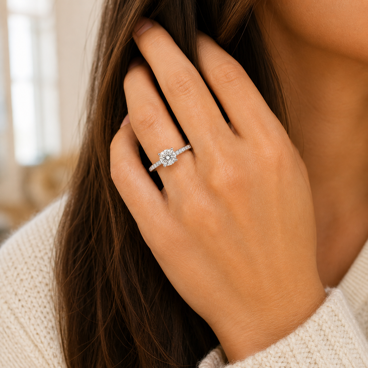 Fiancée Ring mit einem Karat an der Hand