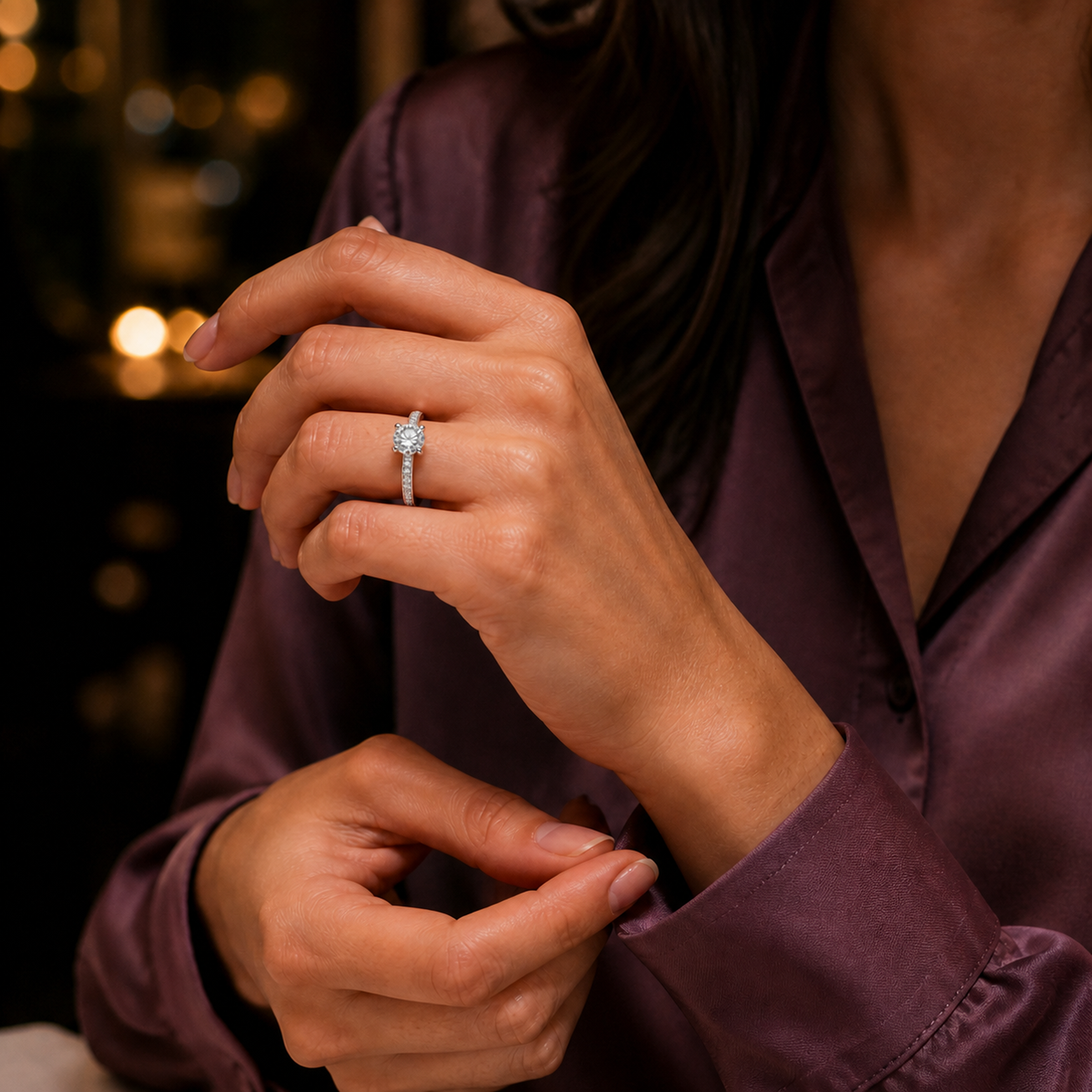 Fiancée Ring mit rundem Diamanten in einer eleganten Abendszene getragen