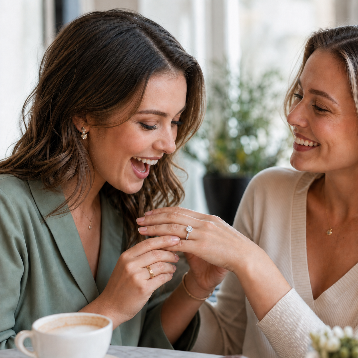 Eine frisch verlobte Frau zeigt einer Freundin den Fiancée Ring