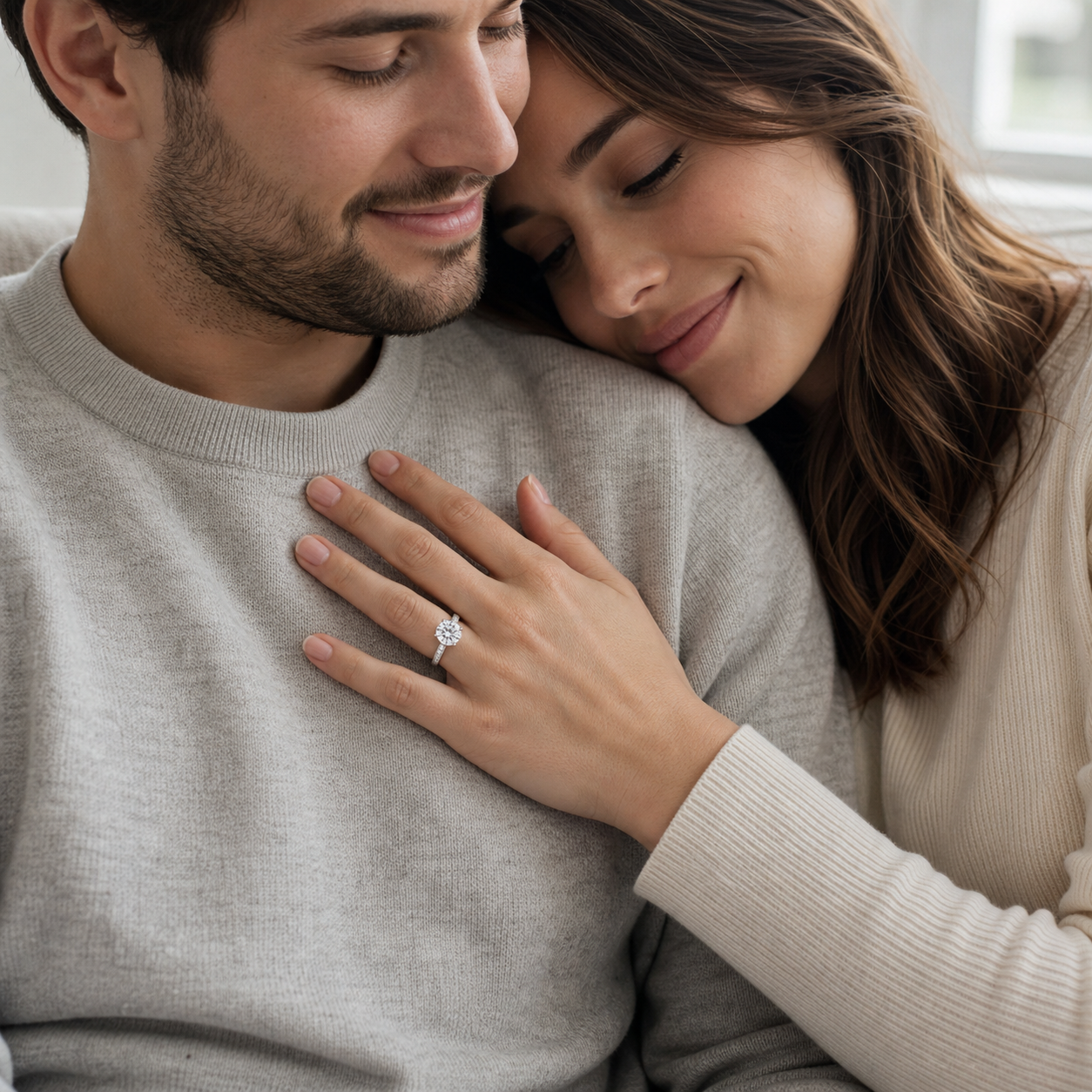 Ein Paar zusammen, während die Frau den Fiancée Ring natürlich trägt