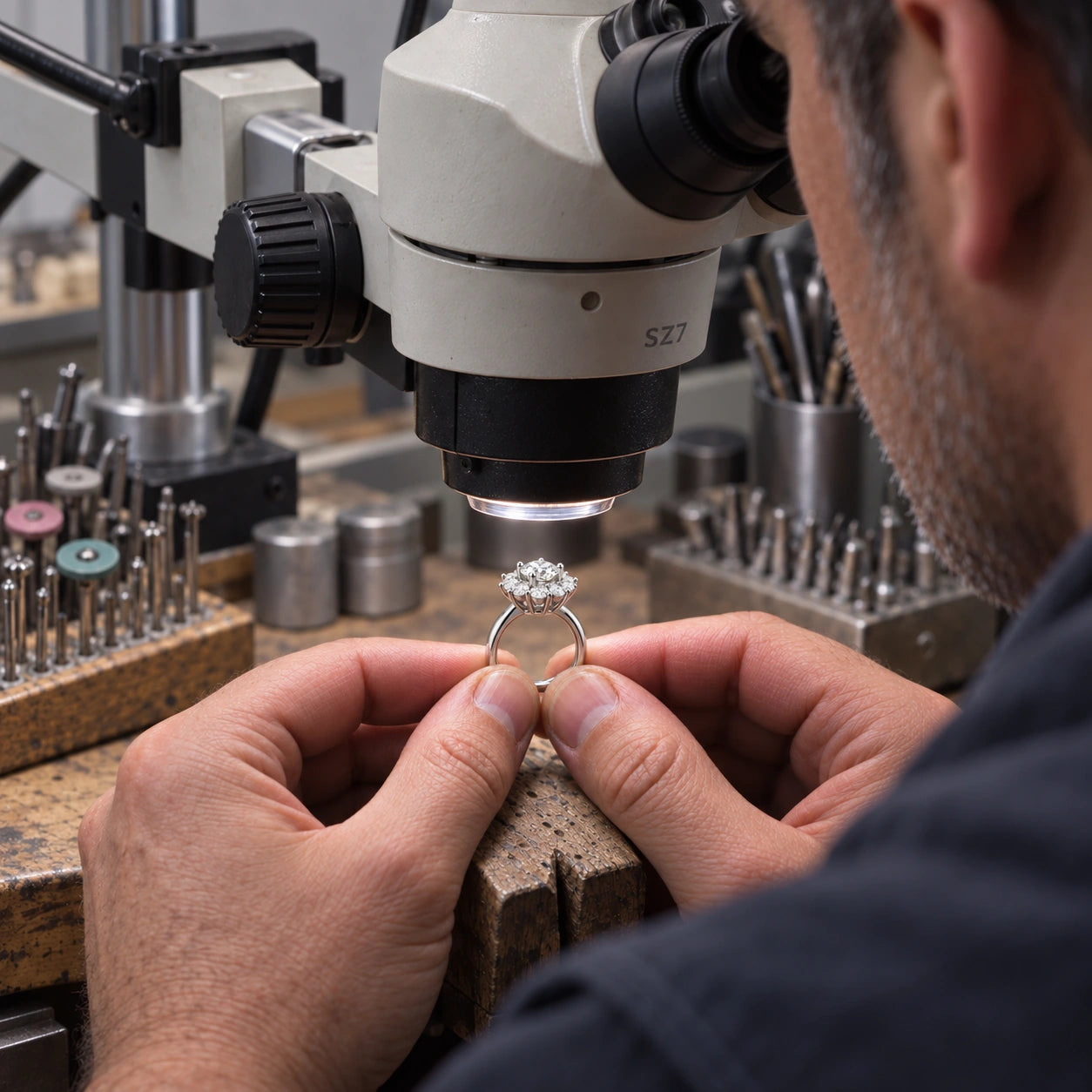Un joaillier inspecte une bague Flocon d'amour sous un microscope d'établi.