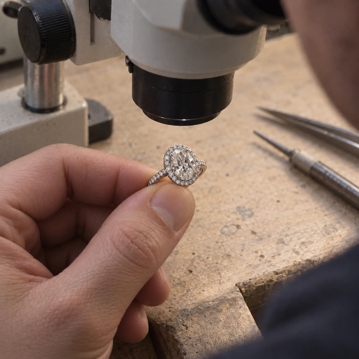 Un joaillier tient une bague halo ovale sous un microscope d’établi.