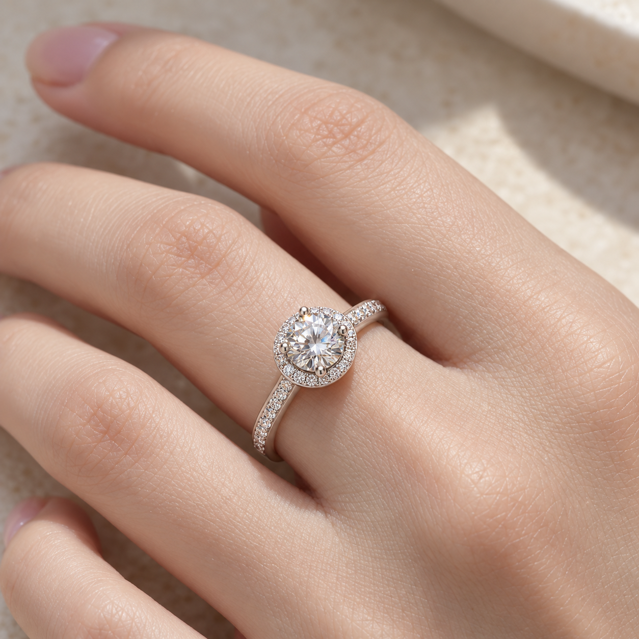 Anillo halo Le Luxe de un quilate en una mano de talla 7.