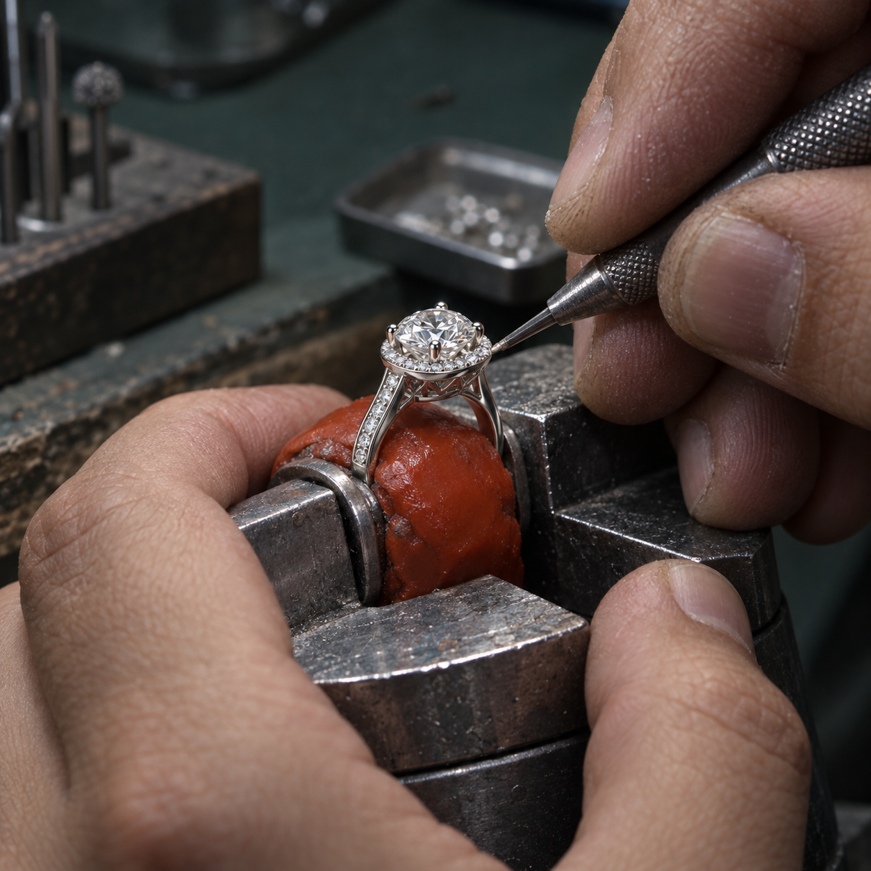 Un joyero engasta el pavé alrededor del halo de un anillo Le Luxe.