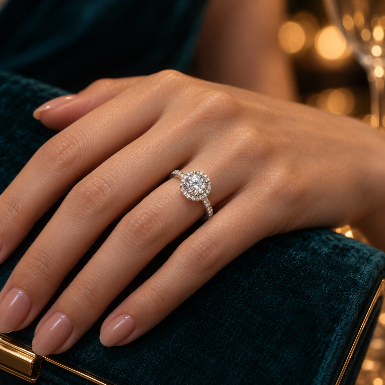 Anillo halo Le Luxe en una escena nocturna con luz suave.