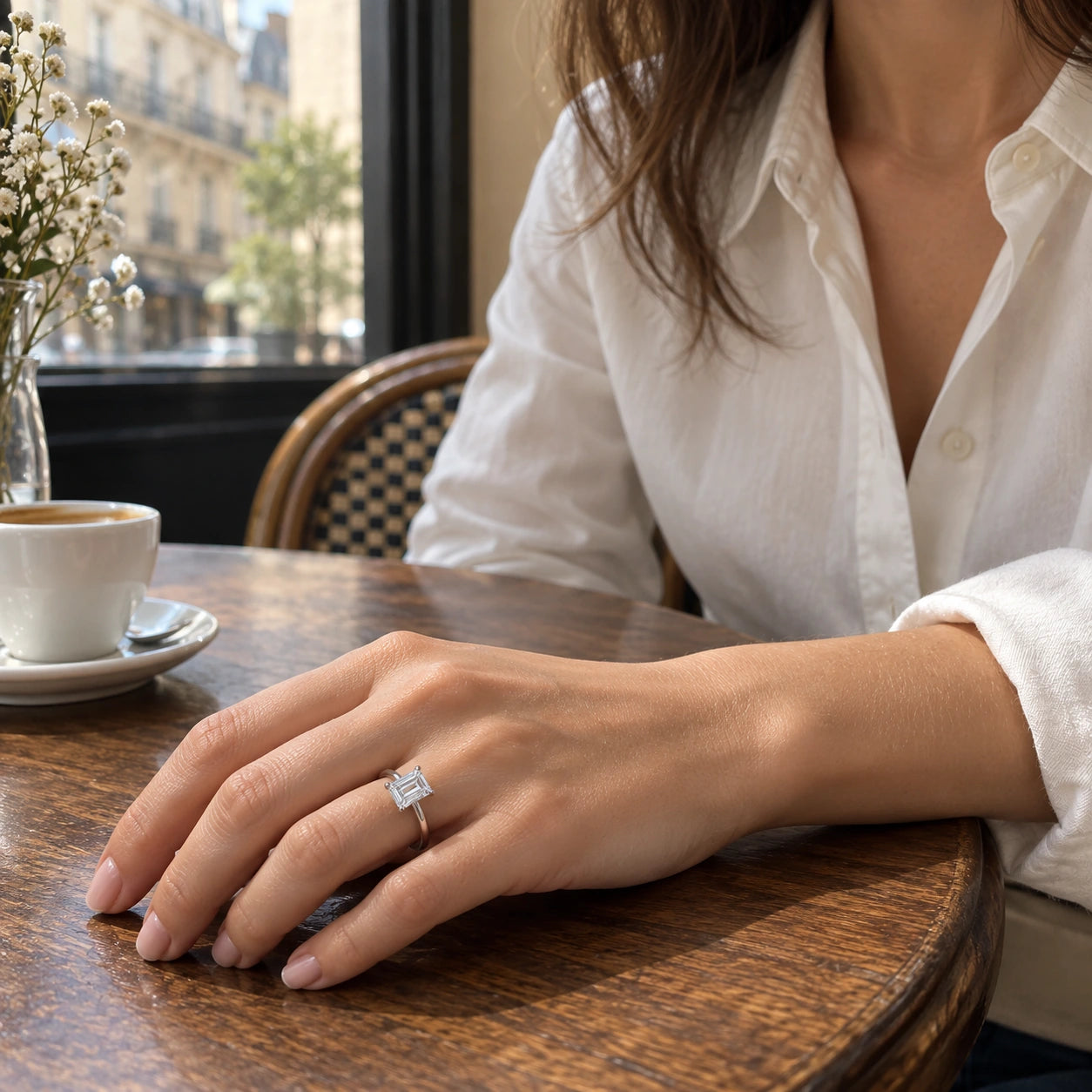 Solitario L’émeraude con taglio smeraldo indossato all’anulare in un caffè di giorno.