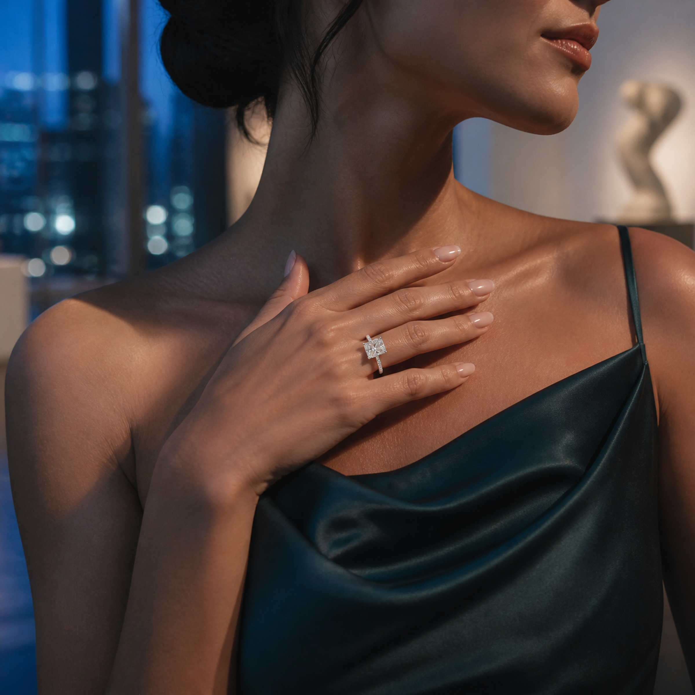 Lumière d’Amour Ring mit Radiantdiamant bei einer abendlichen Galerieeröffnung