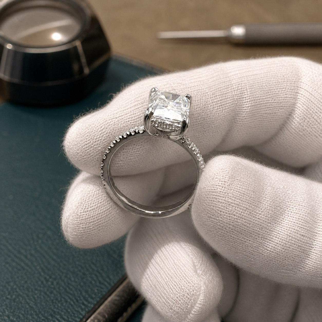 Detailansicht der handwerklichen Prüfung der Vier-Krappen-Radiant-Fassung und Pavé-Schultern des Lumière d’Amour Rings