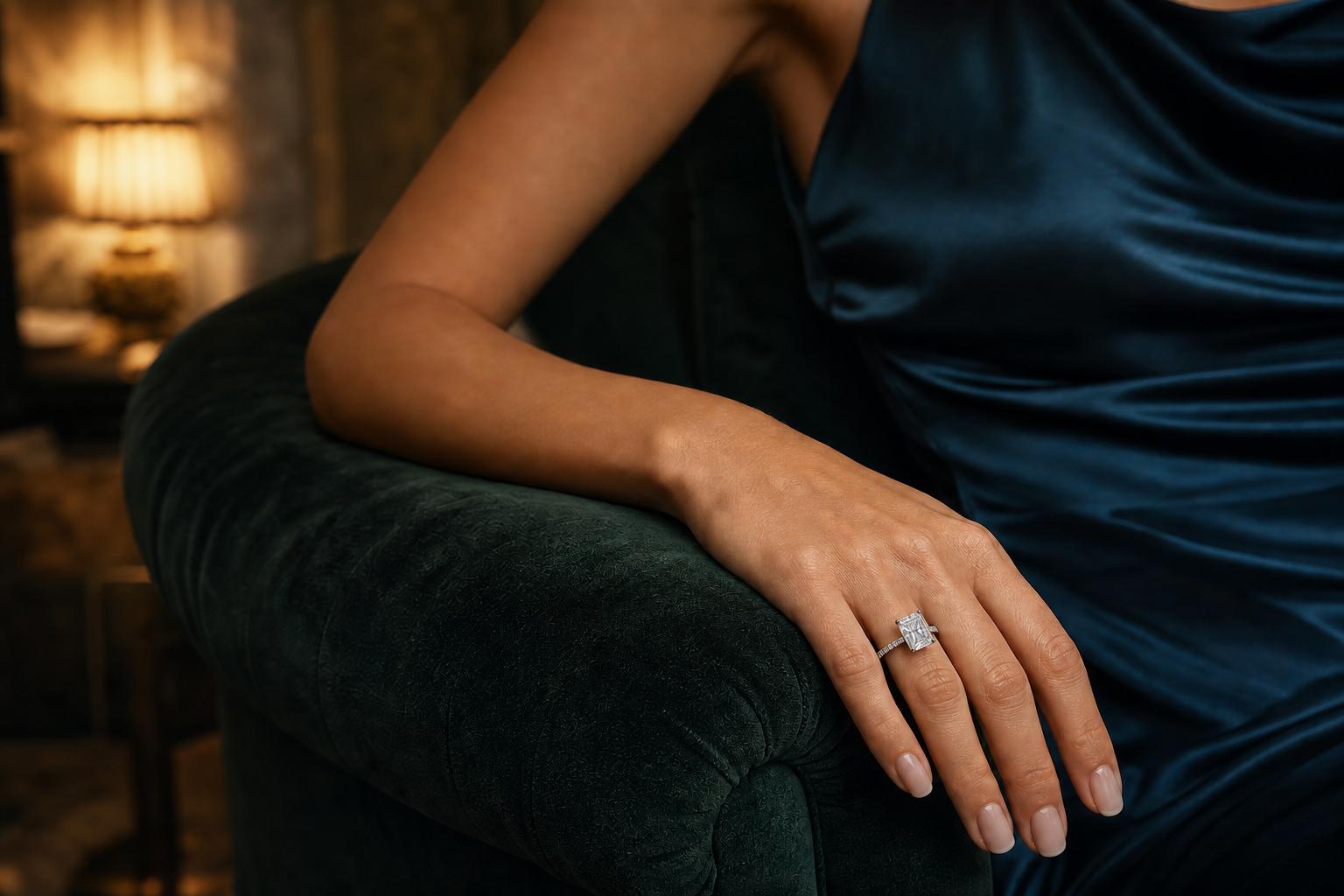 Lumière d’Amour Ring mit Radiant-Labordiamant in einer eleganten Abendlounge getragen