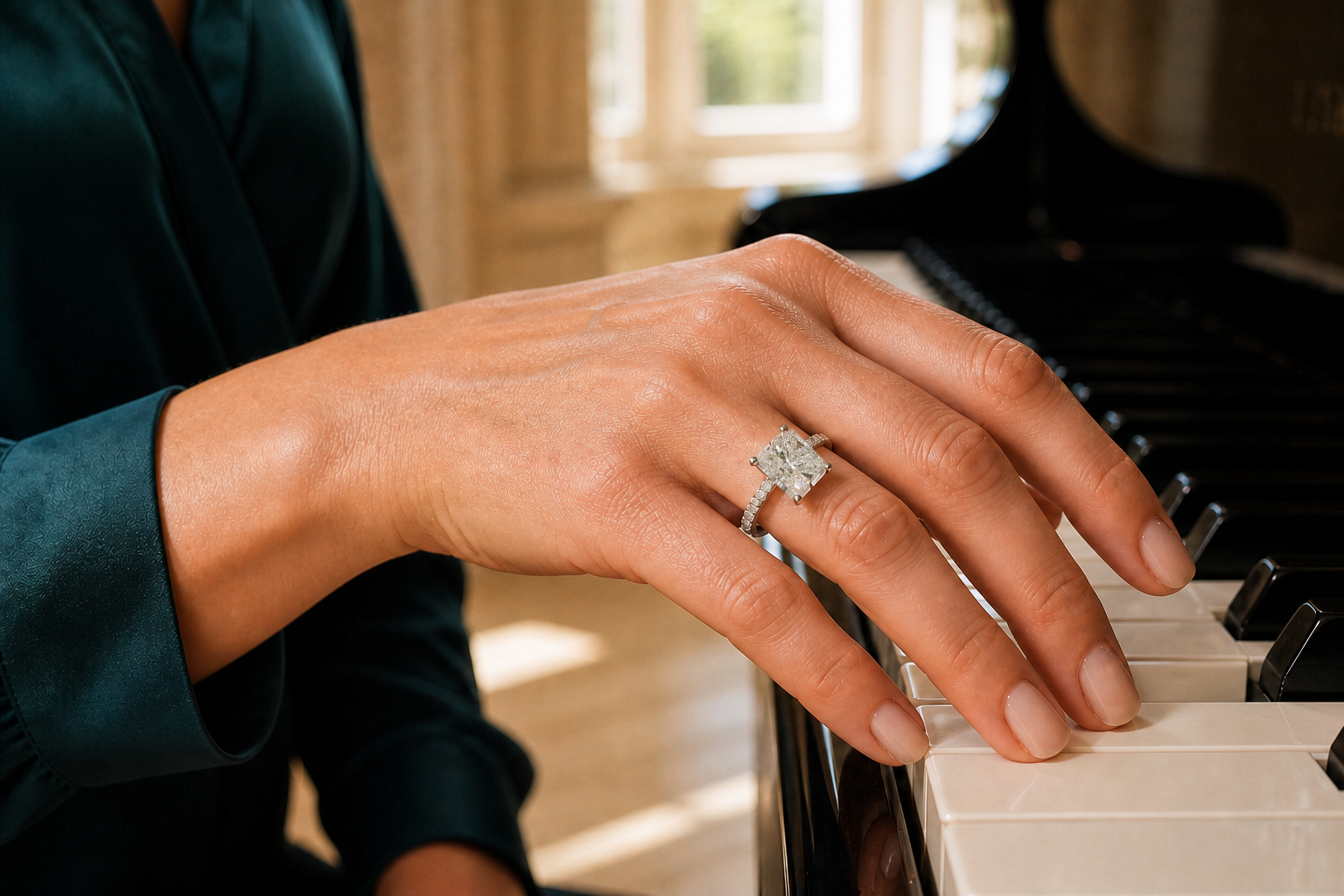 Lumière d’Amour Ring mit Radiant-Labordiamant beim Spielen an einem Flügel getragen