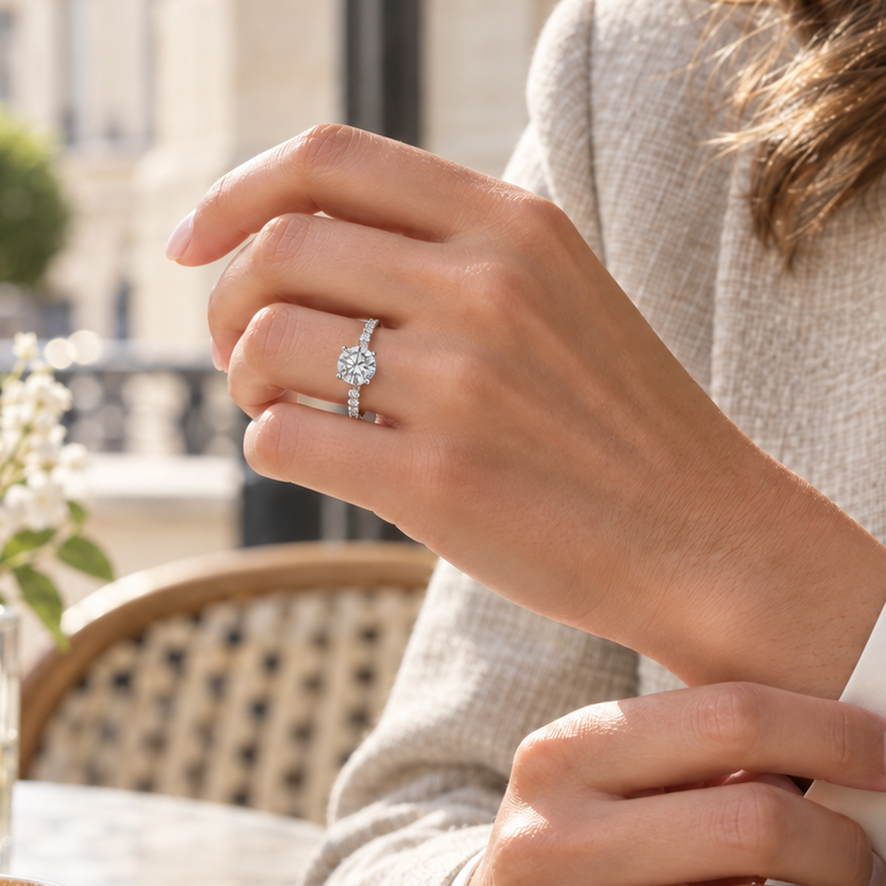 Promesse d’Amour indossato mentre si sistema un polsino avorio in un luminoso caffè diurno.