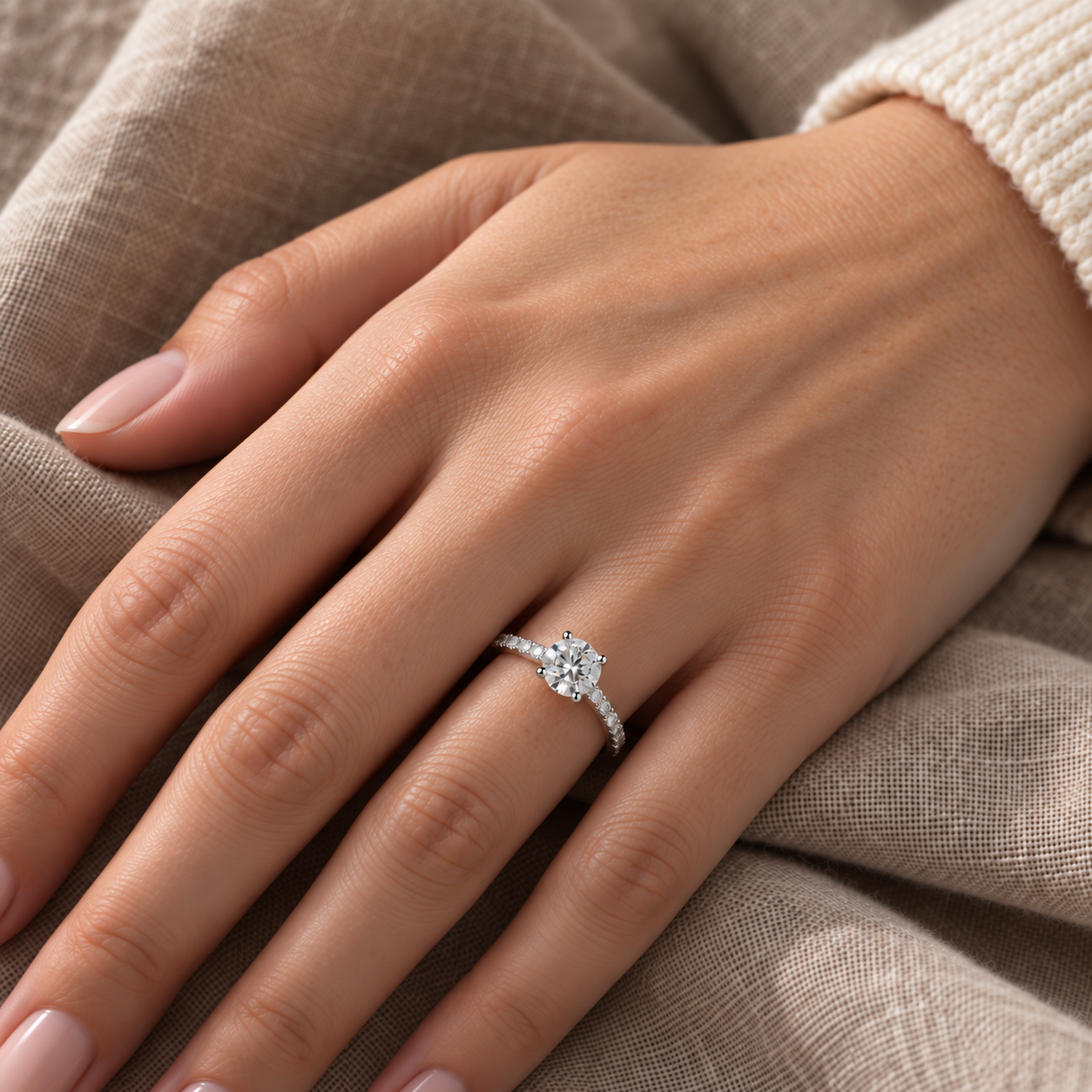 Promesse d’Amour indossato all’anulare con una presenza realistica da un carato.