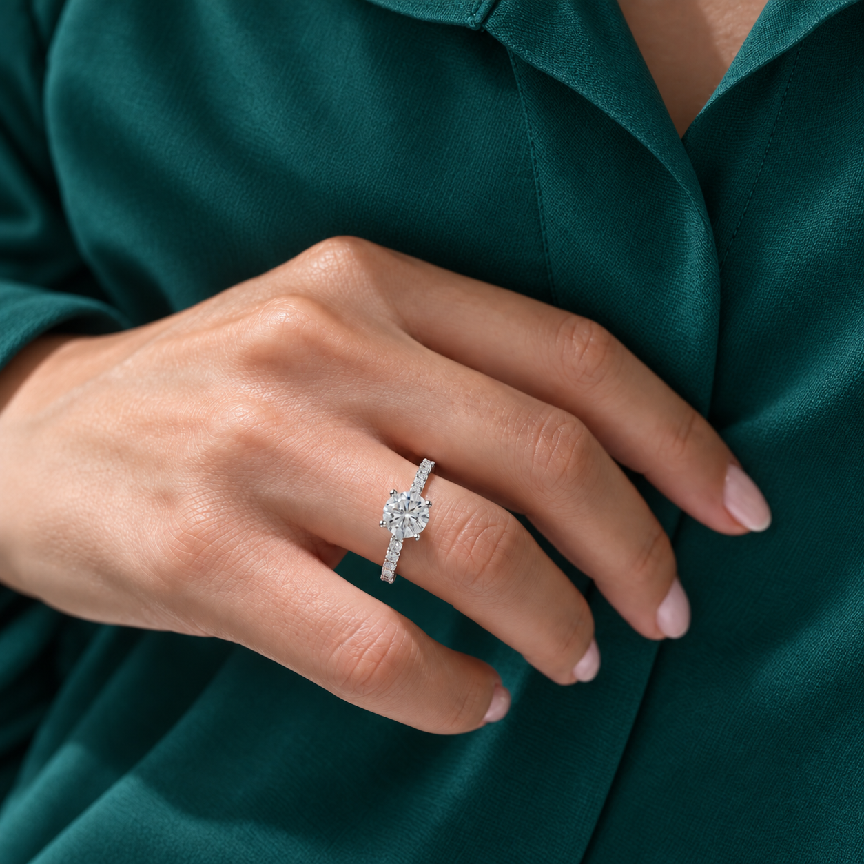 Promesse d’Amour indossato con un abito verde petrolio in una scena lifestyle di lusso.