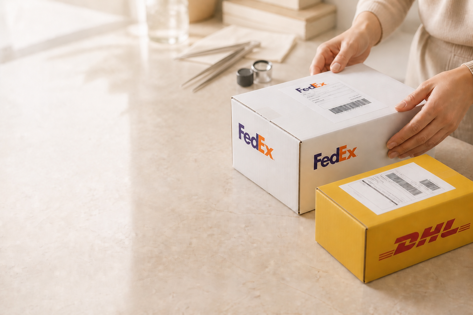 FedEx and DHL parcels prepared for secure jewellery delivery