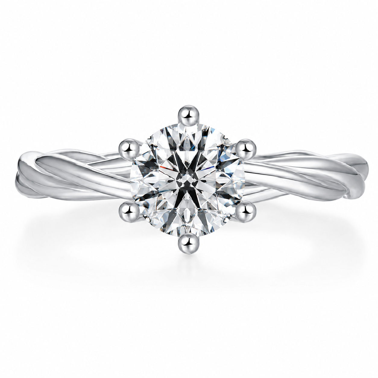 Anillo Torsadé con diamante redondo y aro pulido entrelazado, vista frontal