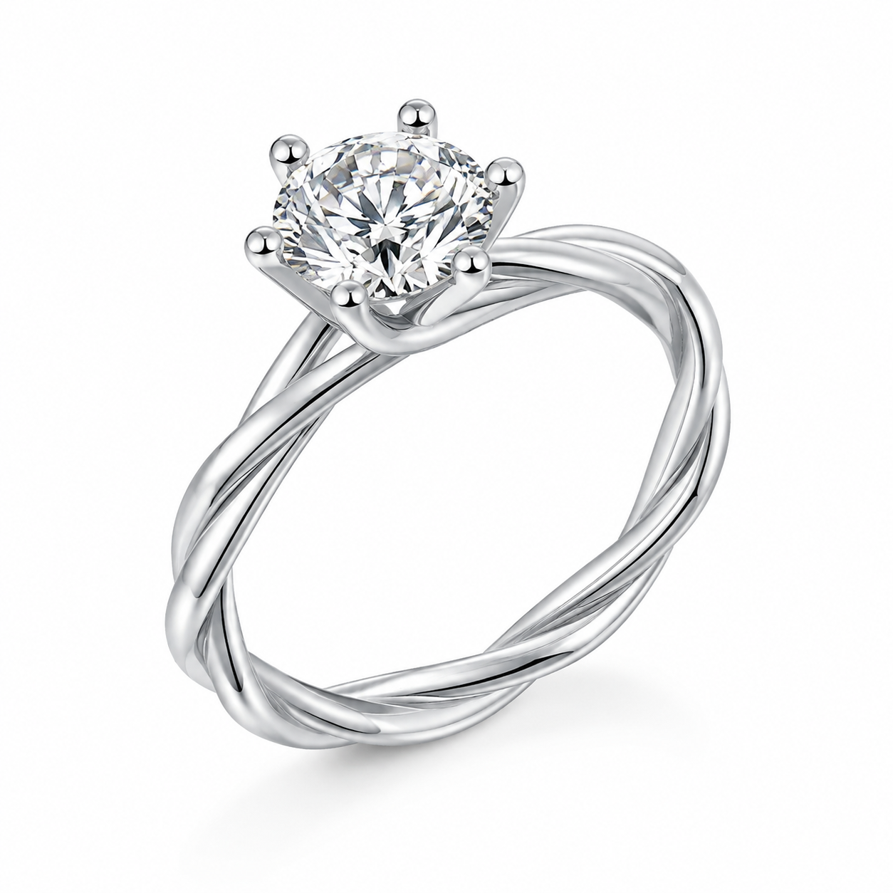 Vista de tres cuartos del anillo Torsadé con diamante y aro entrelazado